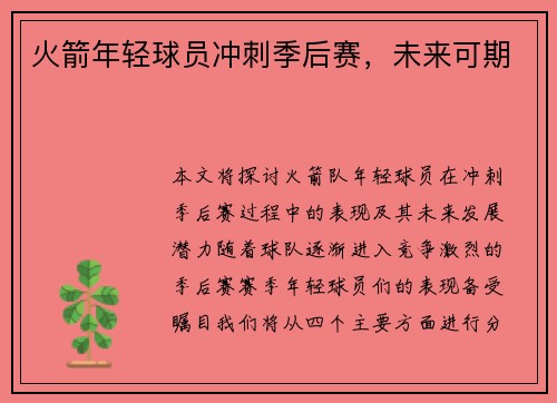 火箭年轻球员冲刺季后赛，未来可期