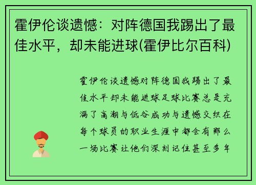 霍伊伦谈遗憾：对阵德国我踢出了最佳水平，却未能进球(霍伊比尔百科)