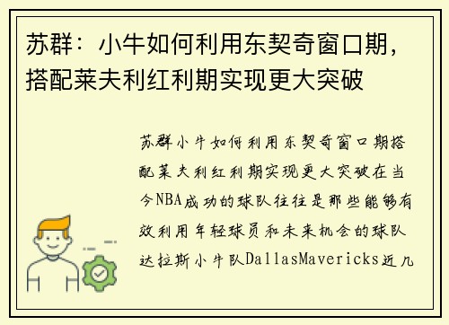 苏群：小牛如何利用东契奇窗口期，搭配莱夫利红利期实现更大突破